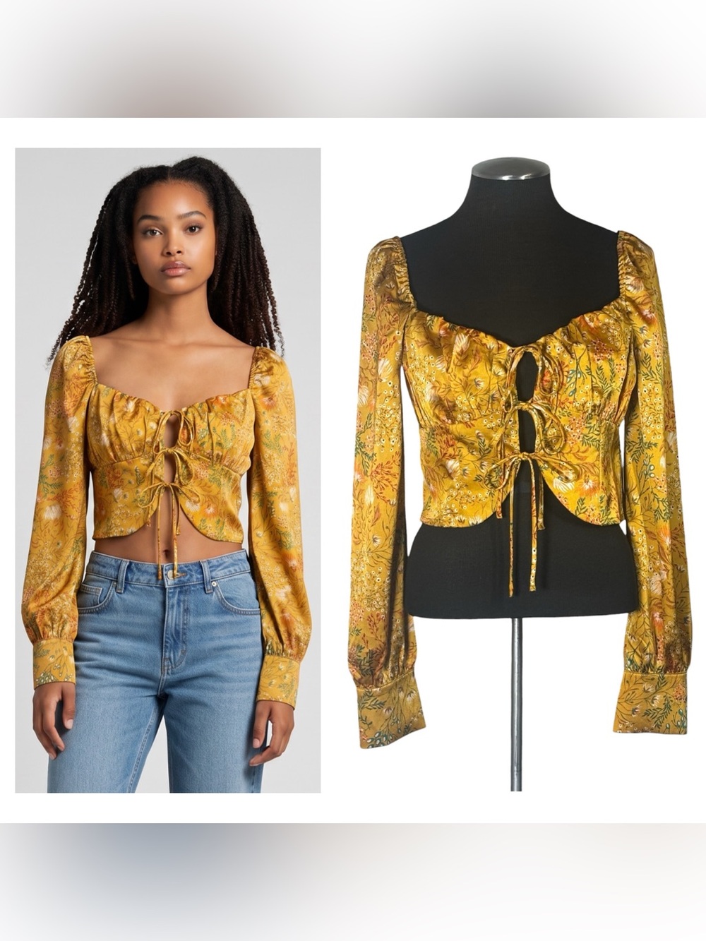 Forever 21 – Floral Satin Tie Front Long Sleeve Crop Top – Medium – NWOT